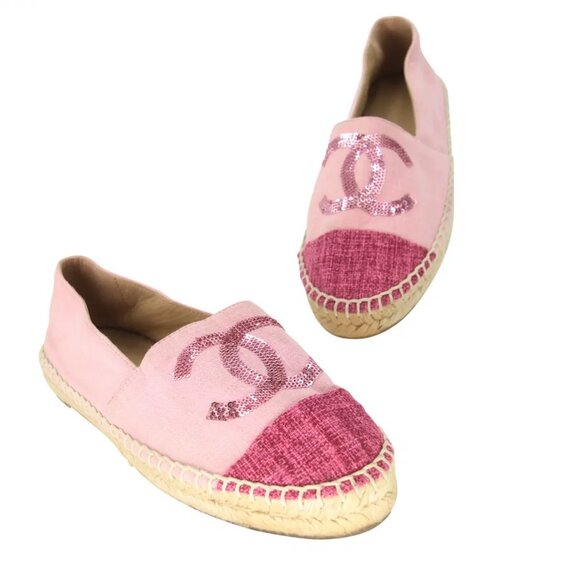 Authentic CHANEL CC Logo Canvas Pink Sequin Espadrilles Flats Shoes 38 - Picture 2 of 7